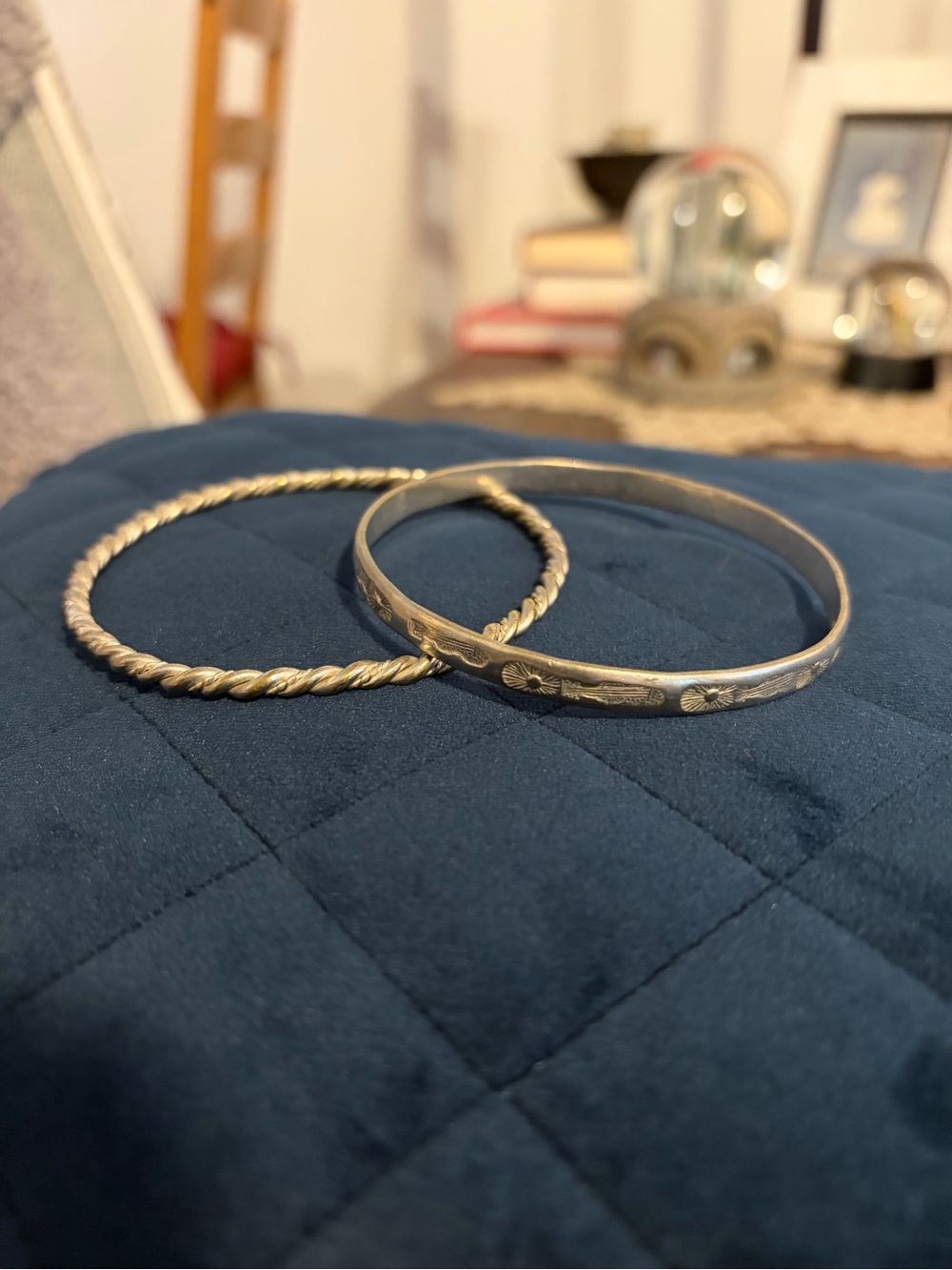 Engraved Silver Floral Motif Bangle and Braided Bangle